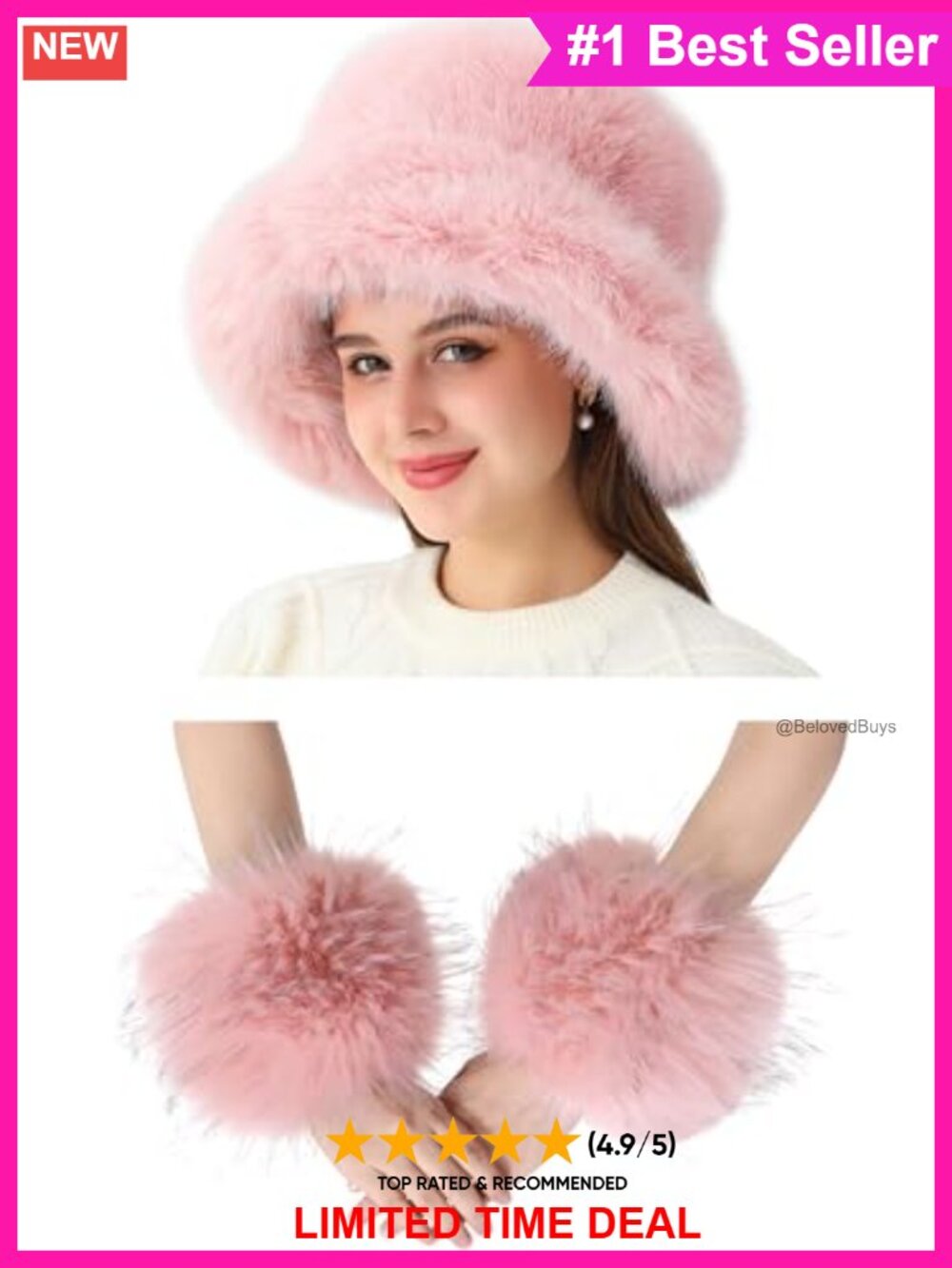 Faux Fur Bucket Hat and Wrist Cuffs Set Quilted Liner One Size